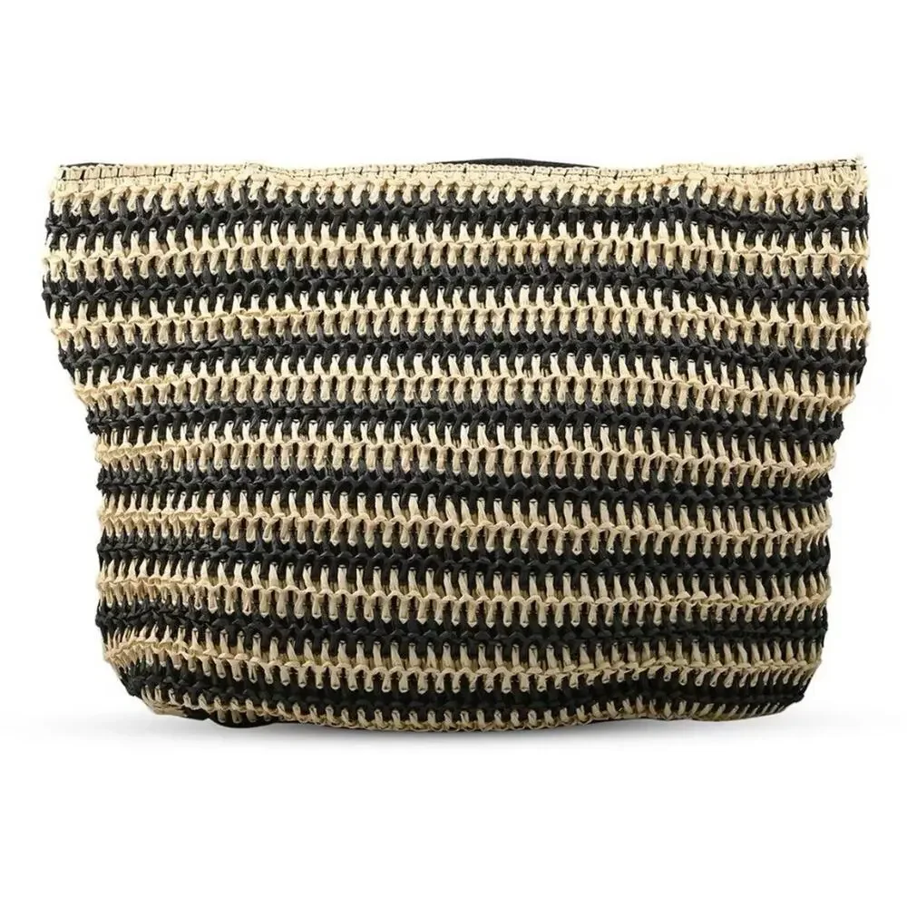 Beverly‎ Hills Polo Club Women Black Straw Stripe Tote Bag Gold Logo NWT